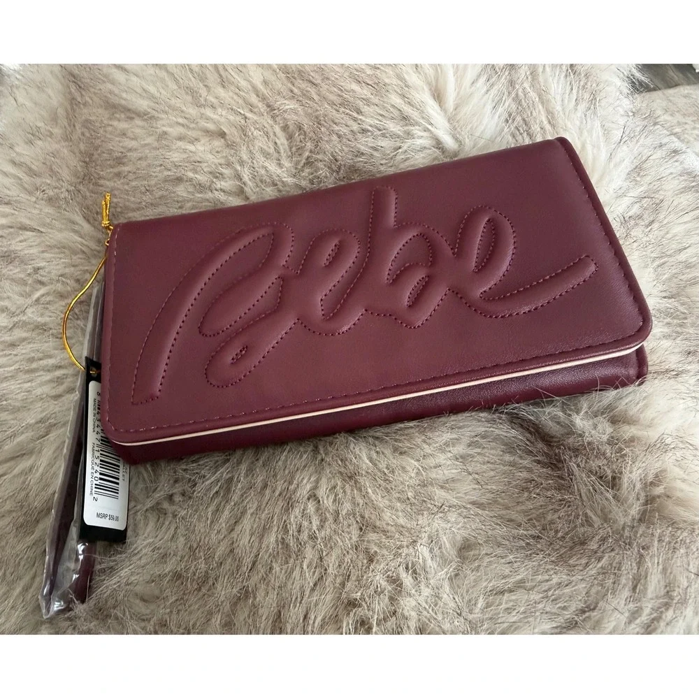 Bebe Louisa Trifold Wallet Plum Embossed Logo Wristlet NWT